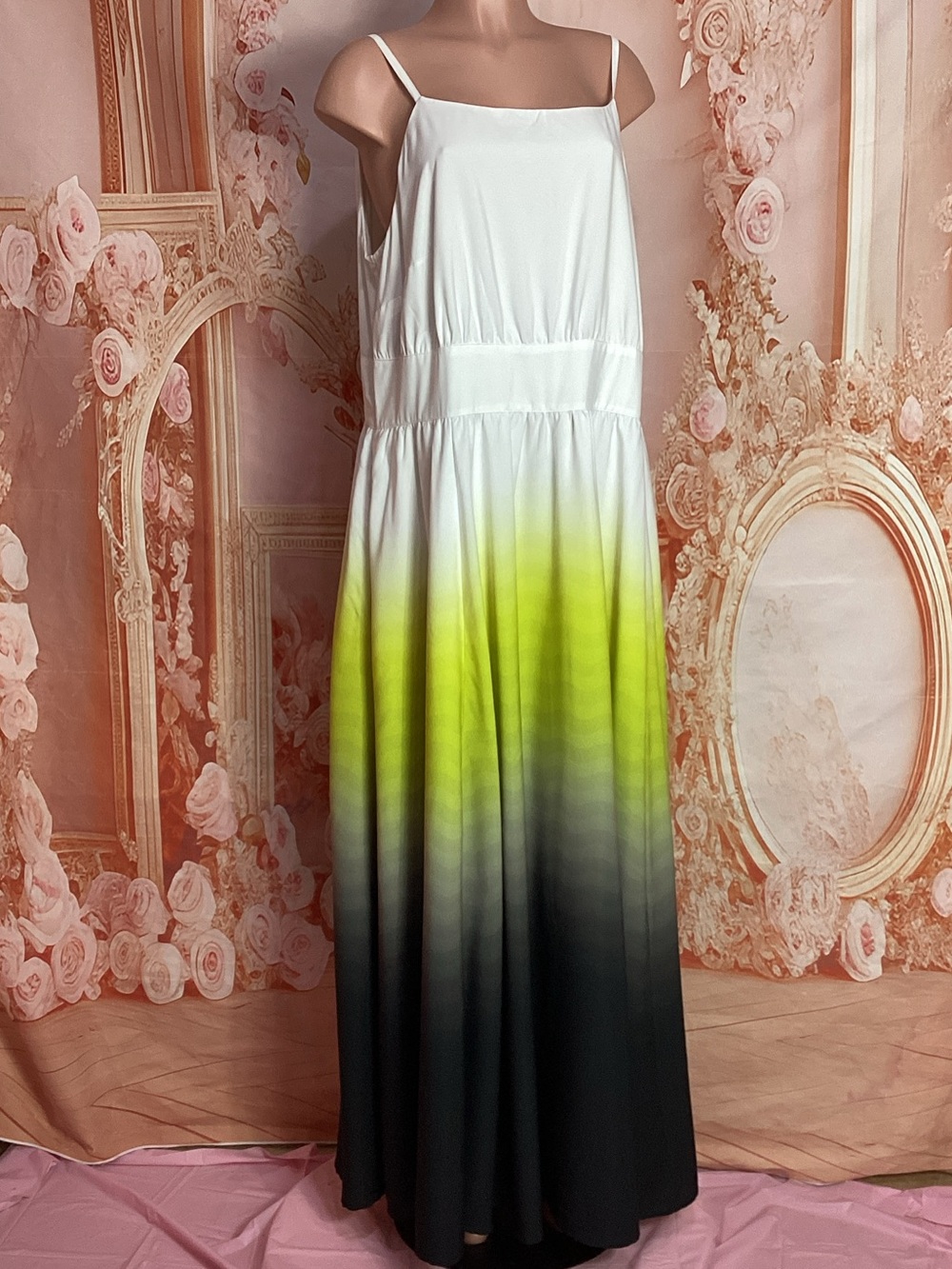White to Lime Ombre Spaghetti-Strap Maxi Dress - Picture 14 of 15